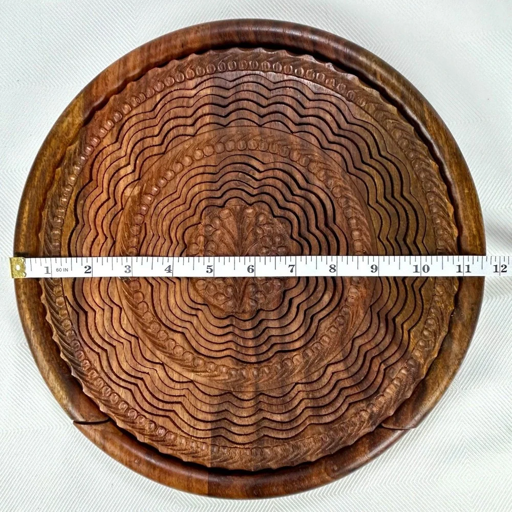 Vintage Collapsible Hand Carved Wooden Centerpiece, Basket, Rosewood Trivet